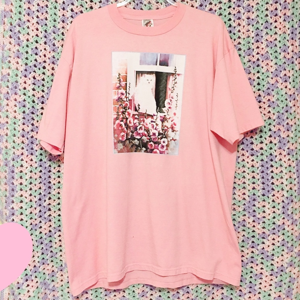 Pink Jerzees T-Shirt with White Cat Graphic As Is